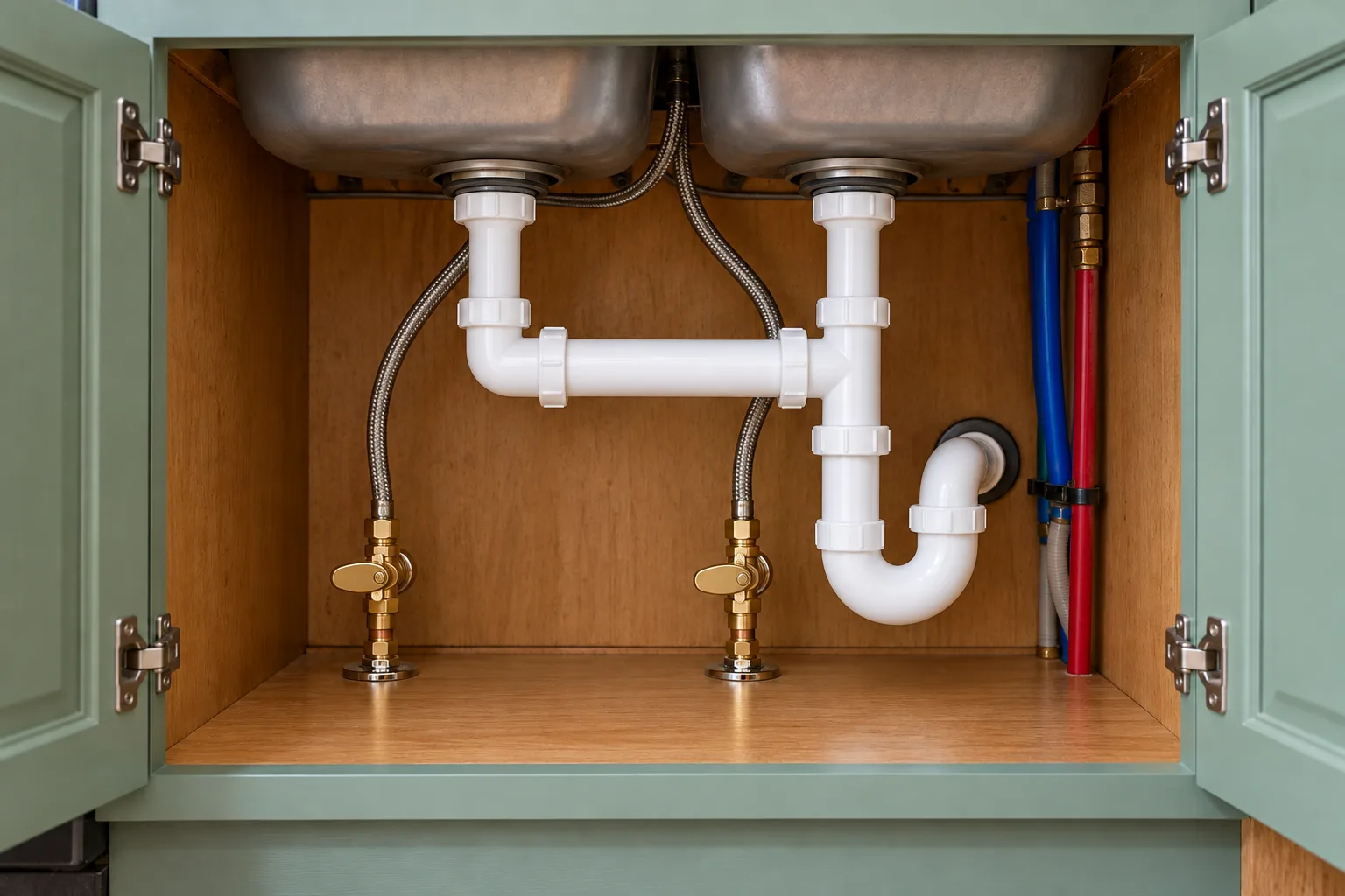 Kitchen sink cabinet after repair with new shutoffs and tidy supply hoses