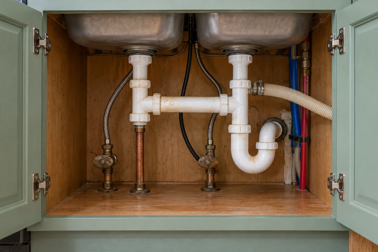 Kitchen sink cabinet before repair with worn shutoffs and supply hoses