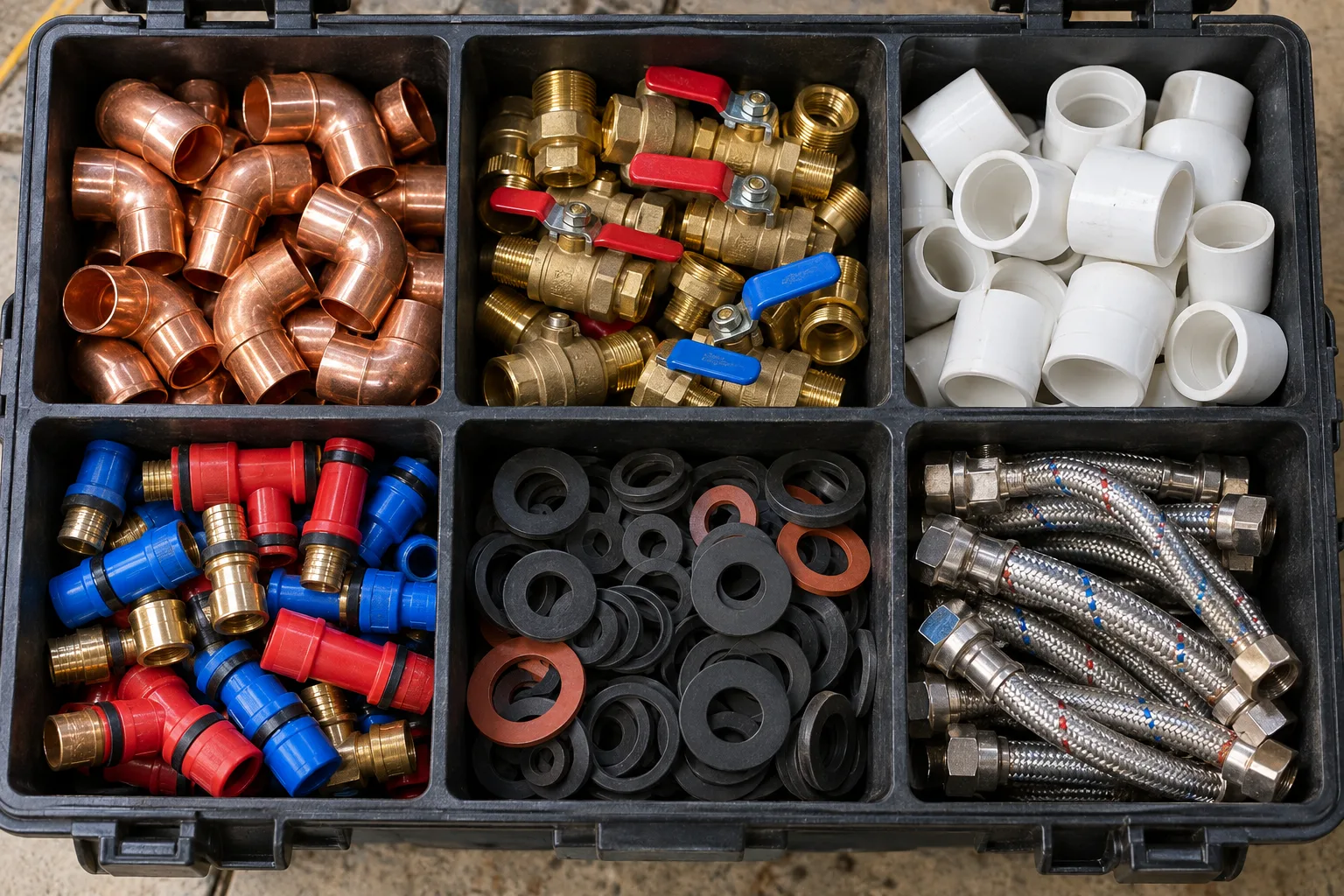 Six organized truck bins of copper fittings, valves, drain parts, PEX fittings, washers and hoses