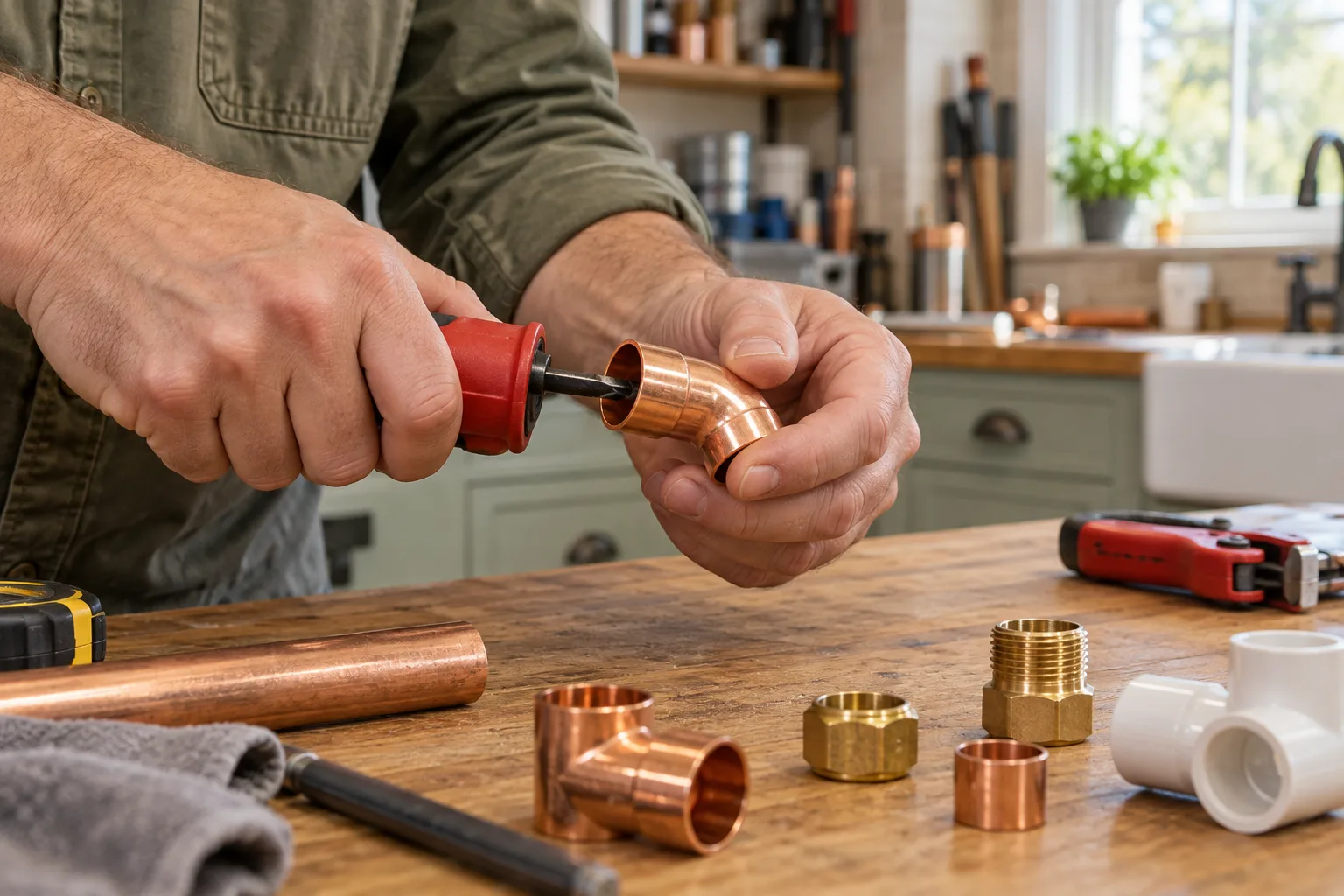 Careful preparation of a copper fitting at the workshop bench