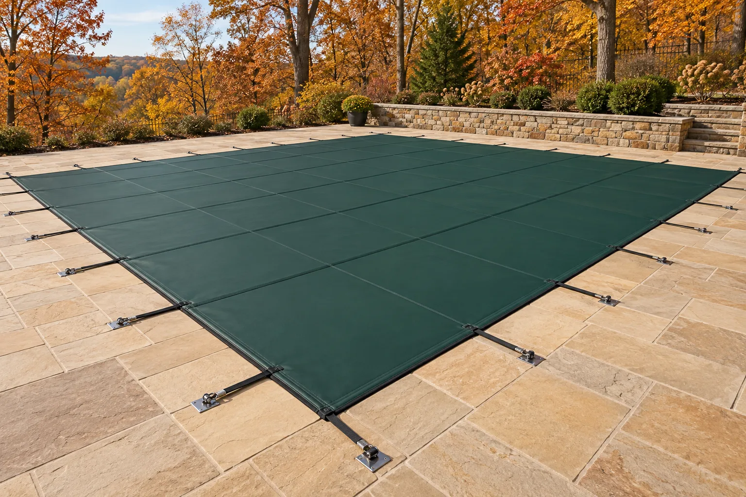 An anchored safety cover protects the pool in October.