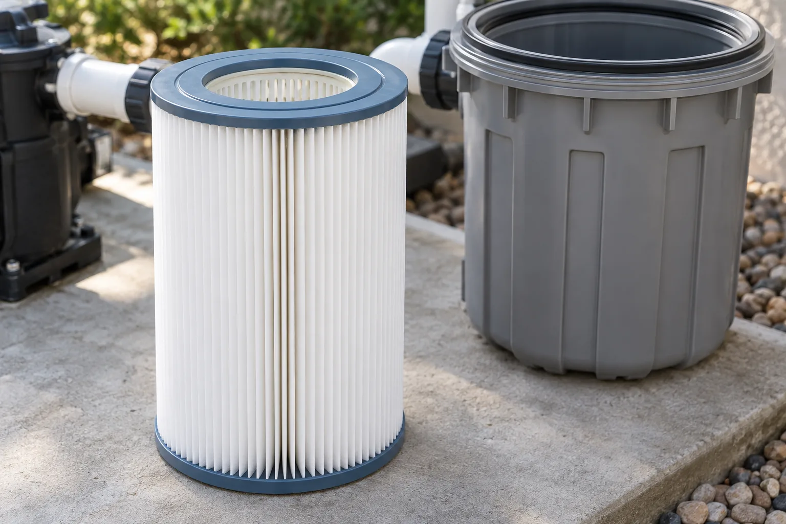 A clean pleated cartridge beside its filter housing.