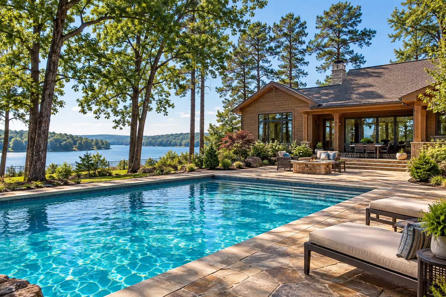 A clear backyard pool beside an Arkansas lake house.