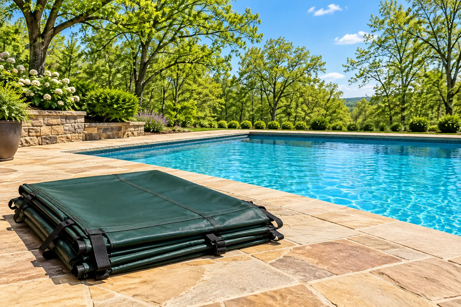 Folded pool cover beside clear water on a spring day.