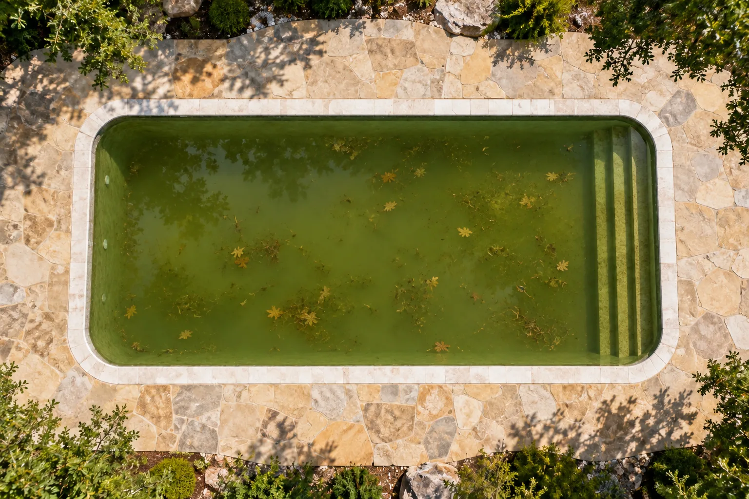 Overhead pool with green water before recovery.