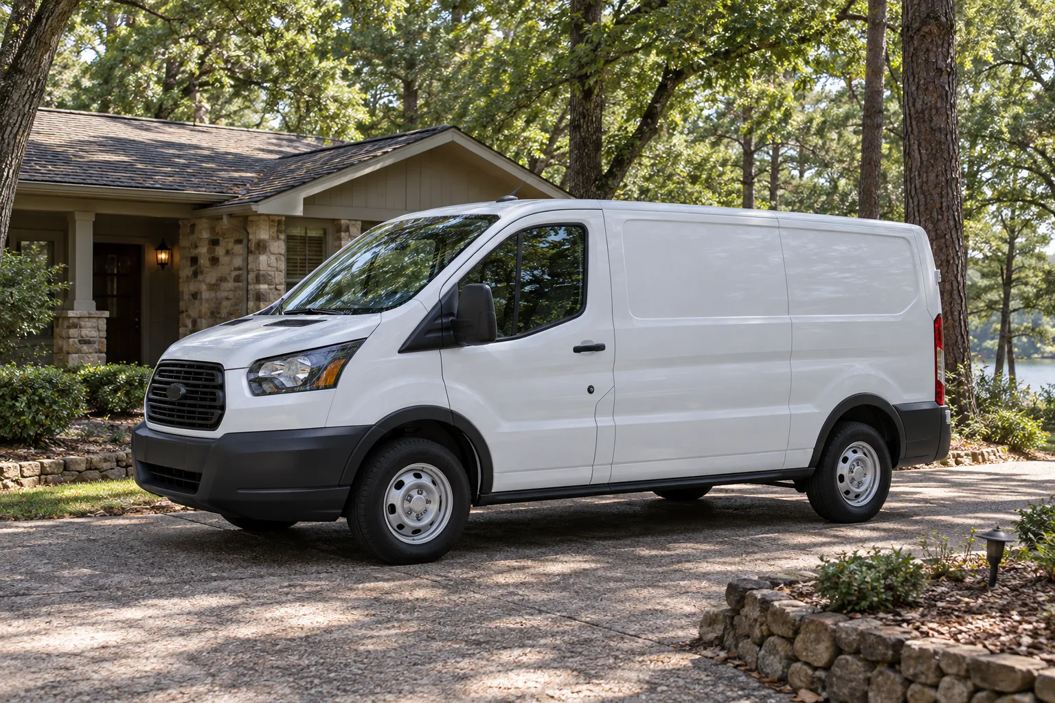 A plain pool-service van parked in a quiet Arkansas driveway.