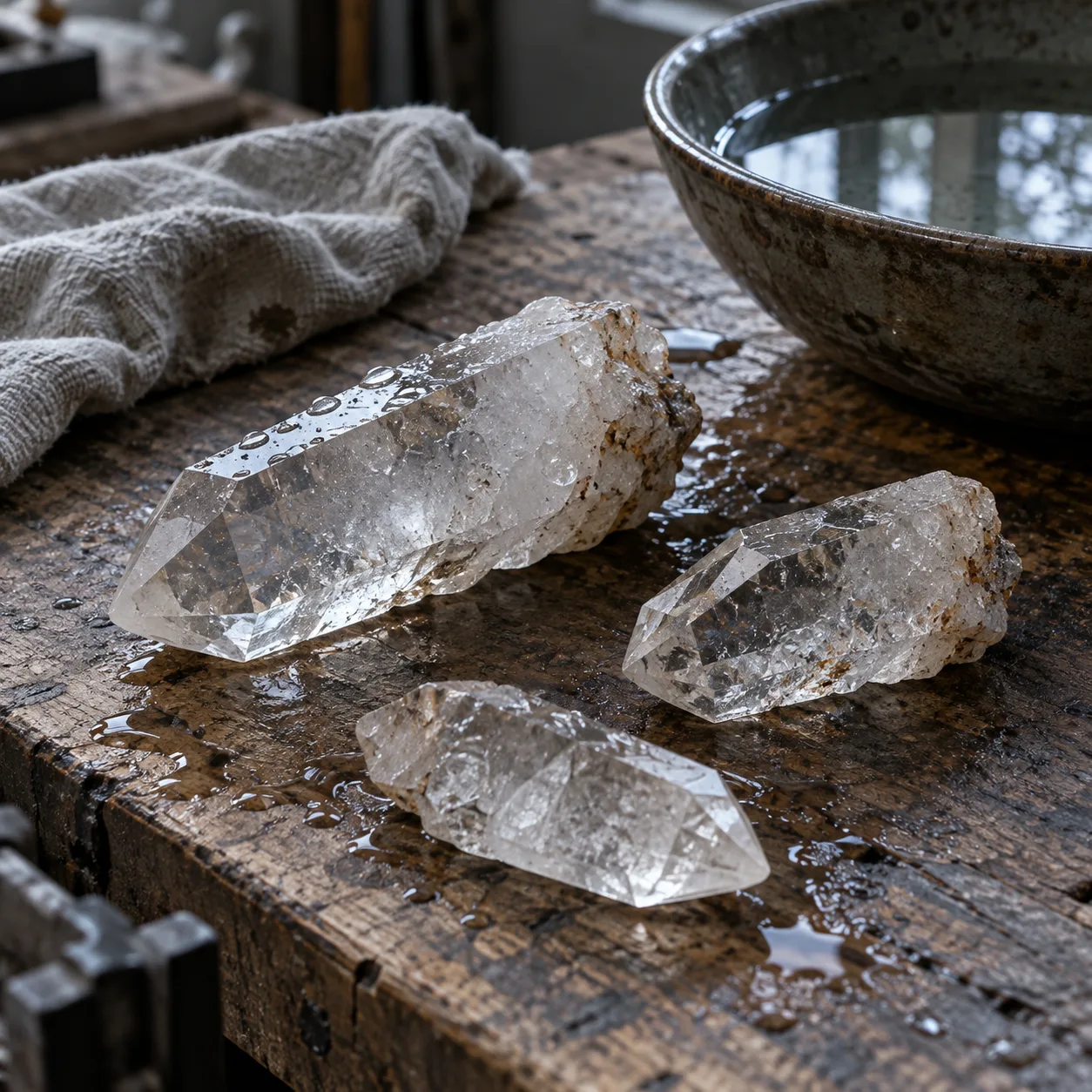 Washed quartz points on a worn bench