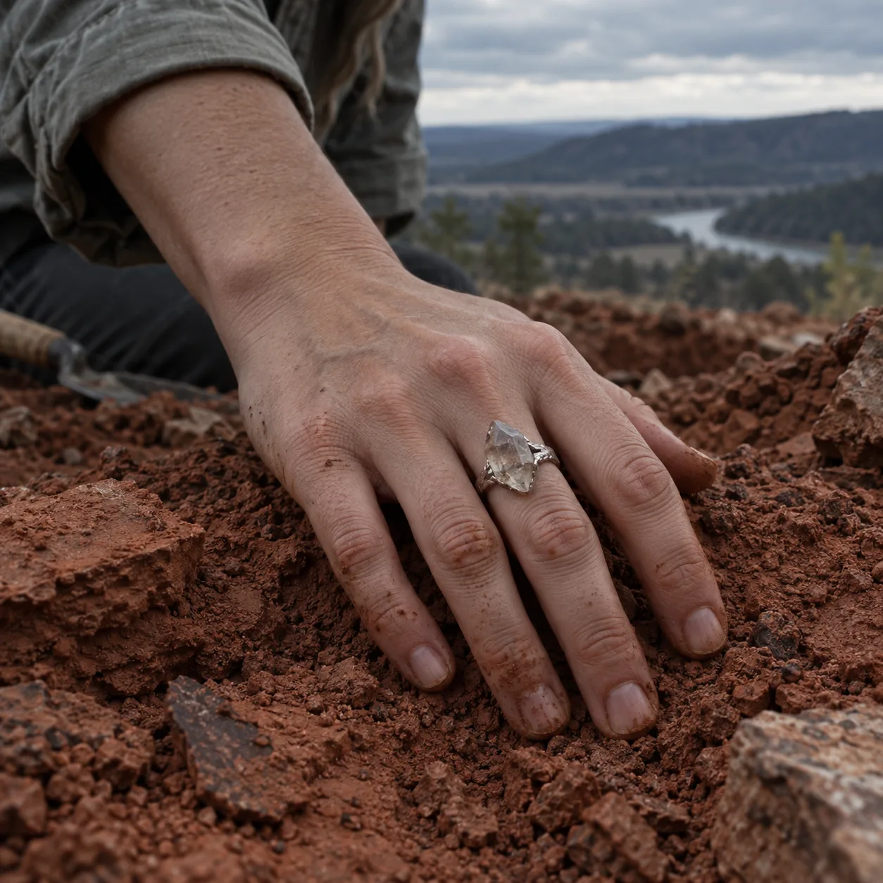A natural five-fingered hand wearing a quartz ring at a red-clay dig