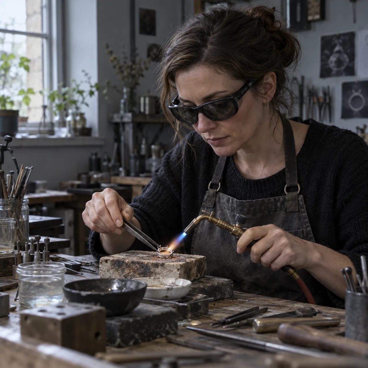 Nadia working at her jewelry bench with a small torch