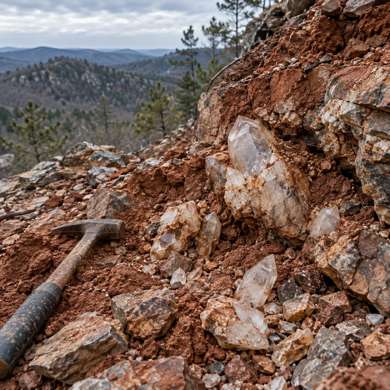 Quartz exposed in an Arkansas red-clay hillside