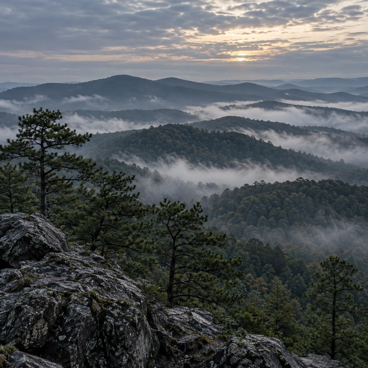 Mist between Ouachita mountain ridges