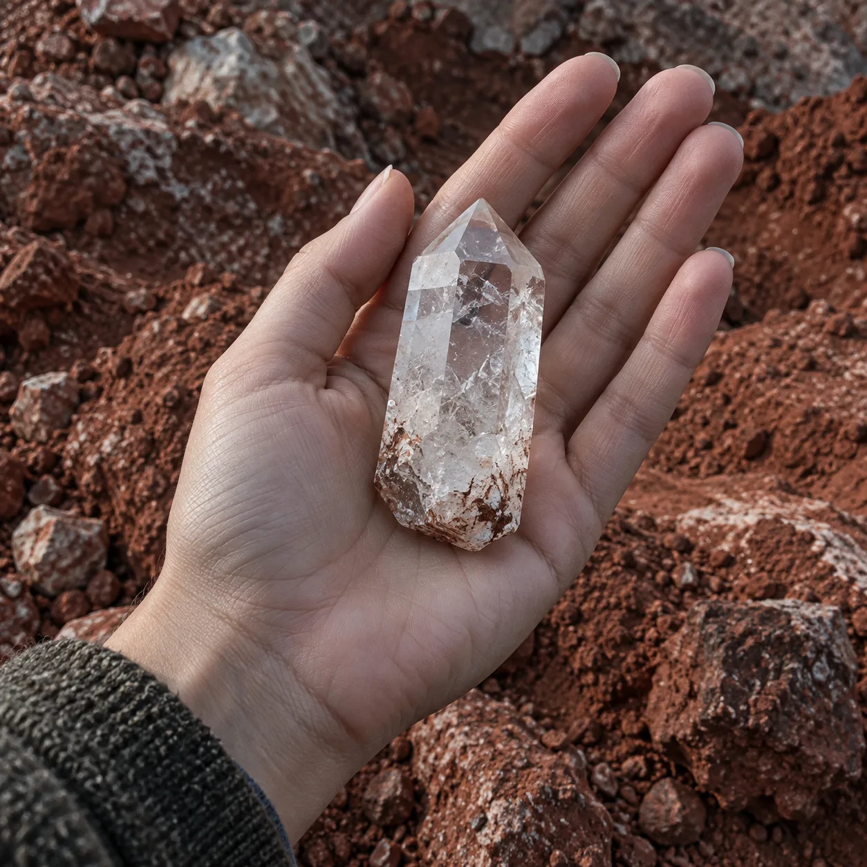 Natural quartz point in an open hand at a red-clay dig