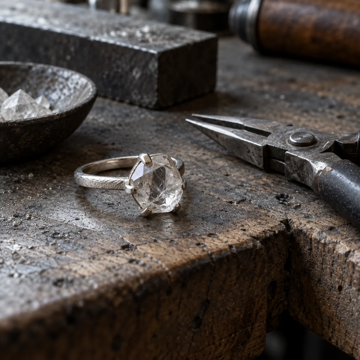 Finished quartz ring beside jeweller’s tools