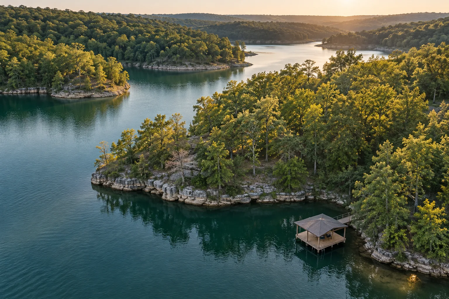 Closer illustrative aerial of a wooded lake