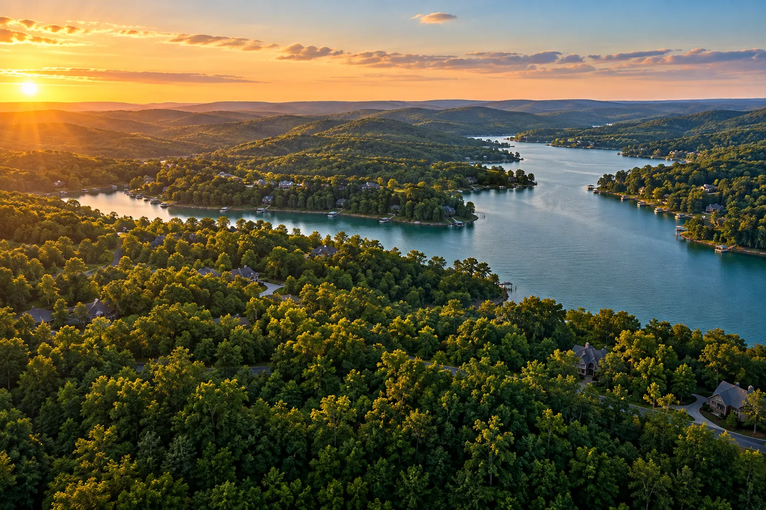 Illustrative aerial of wooded Ozark hills and blue-green lake