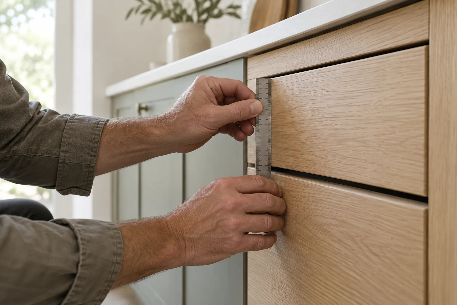 Carpenter’s hands checking the alignment of a pale oak cabinet drawer.