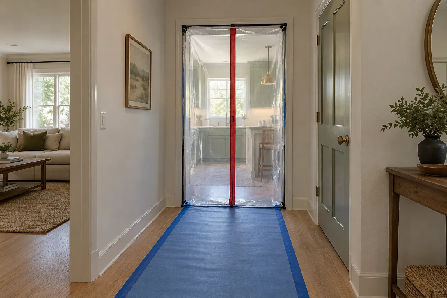A sealed zippered dust wall and protected floor separate a kitchen from an occupied hallway.