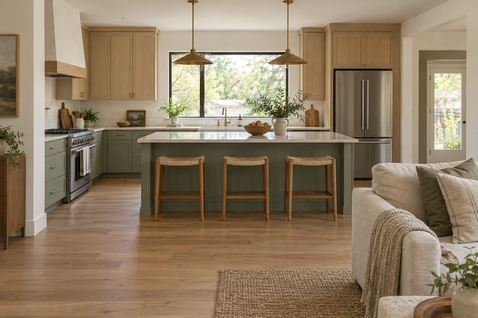 A remodeled ranch kitchen open to the living room, with sage cabinets, oak and soft daylight.