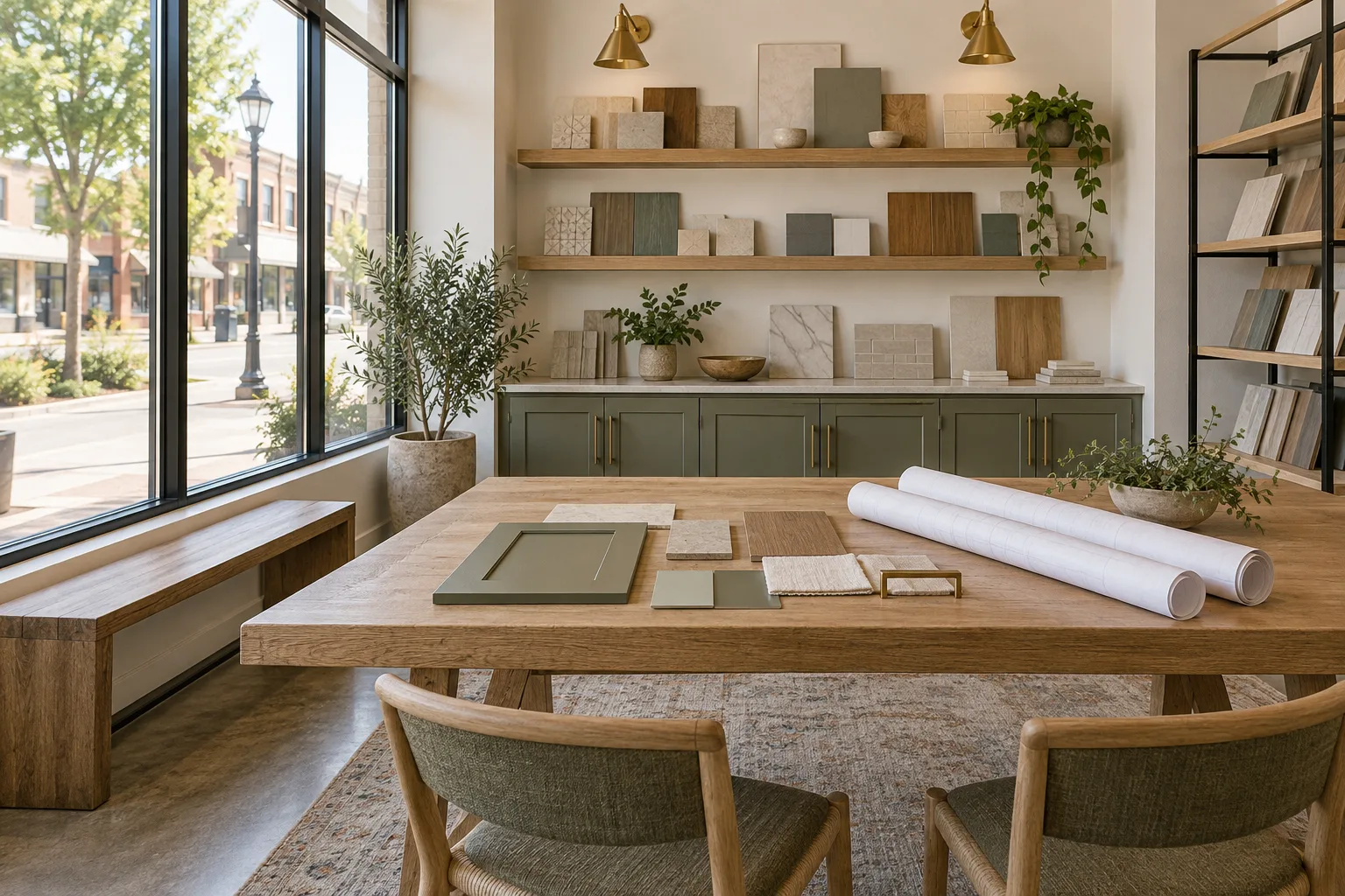 Second Story’s bright design studio, with oak worktable and material samples.