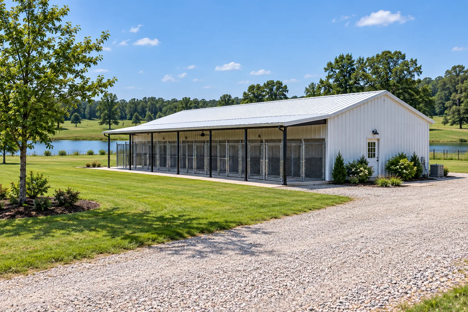 White metal kennel building and covered runs along a gravel approach