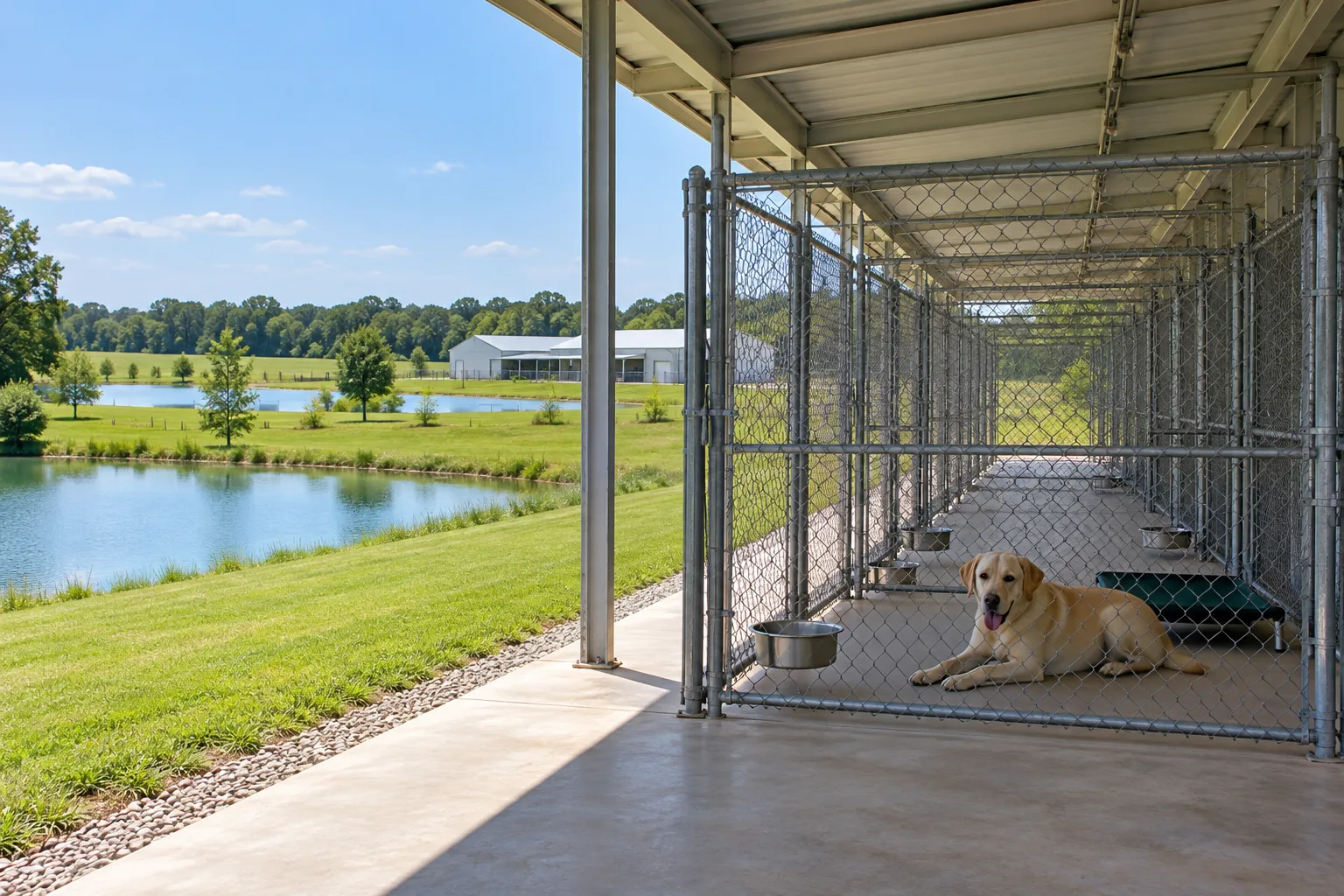 Shaded clean kennel runs with fresh water and a resting yellow Labrador
