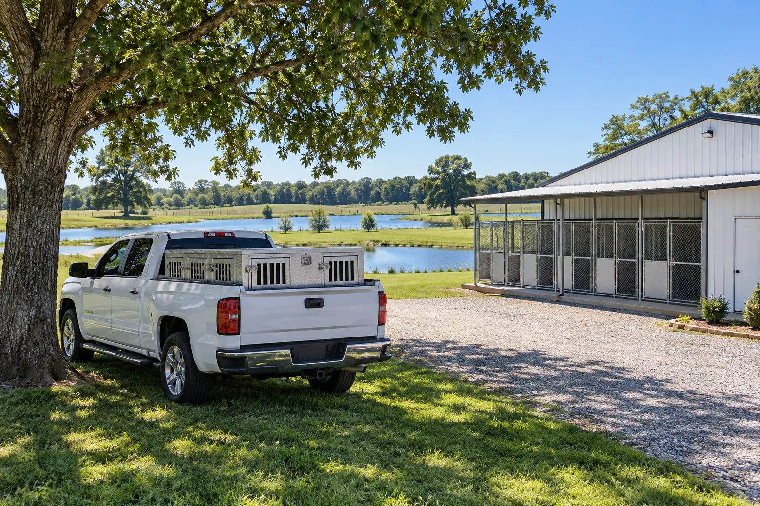 Unmarked pickup with ventilated dog transport boxes parked in the shade