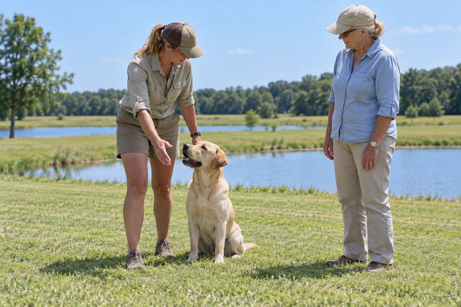 Trainer helping an owner work with a yellow Labrador