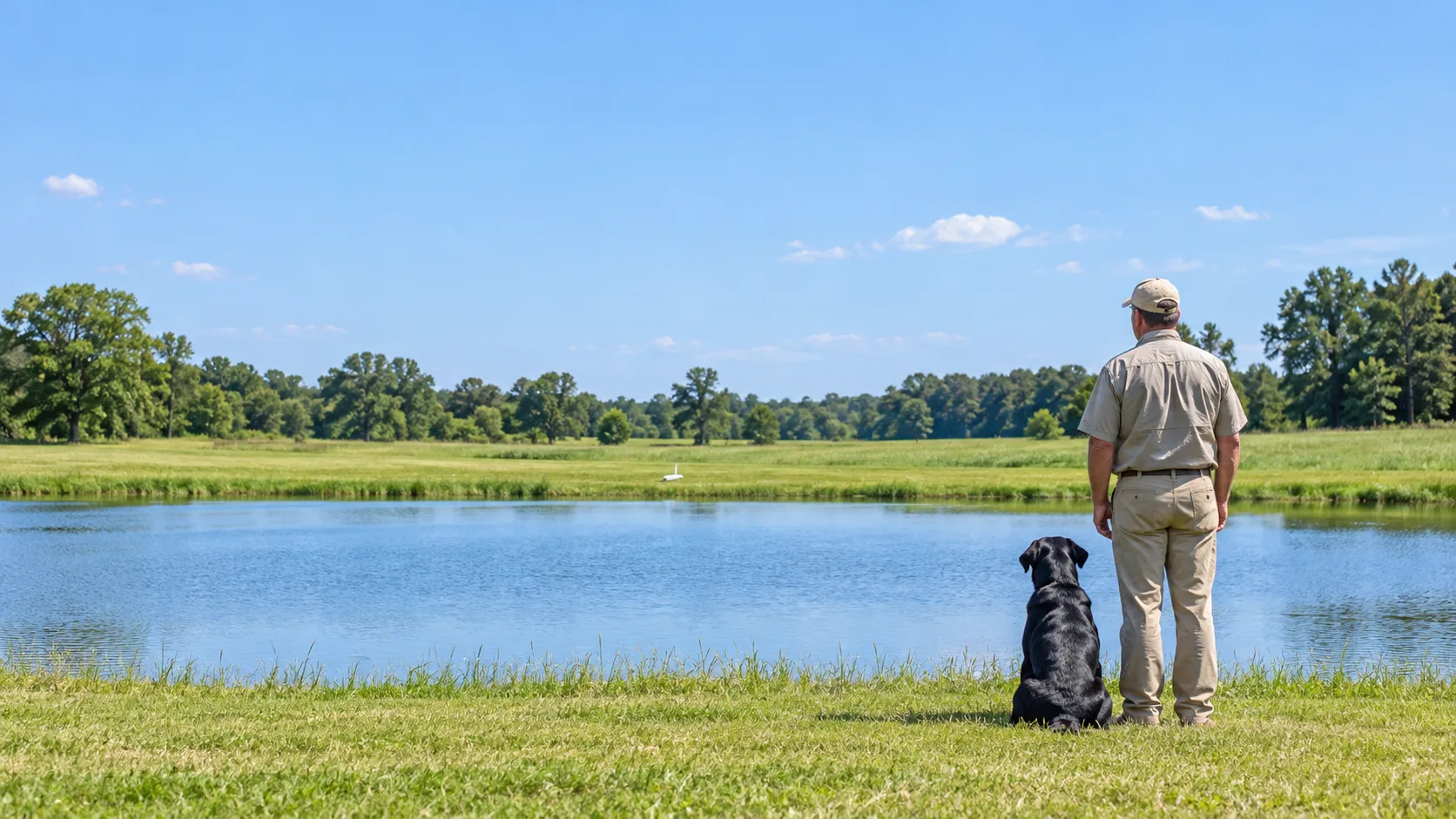 Handler and black Labrador lining a blind across a sunlit training pond