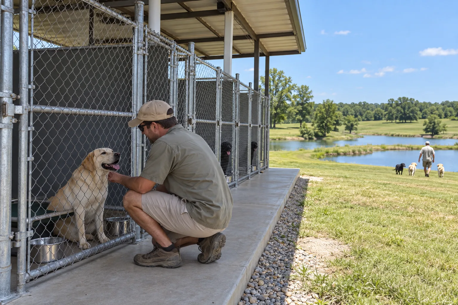 A yellow Labrador resting in a shaded kennel run