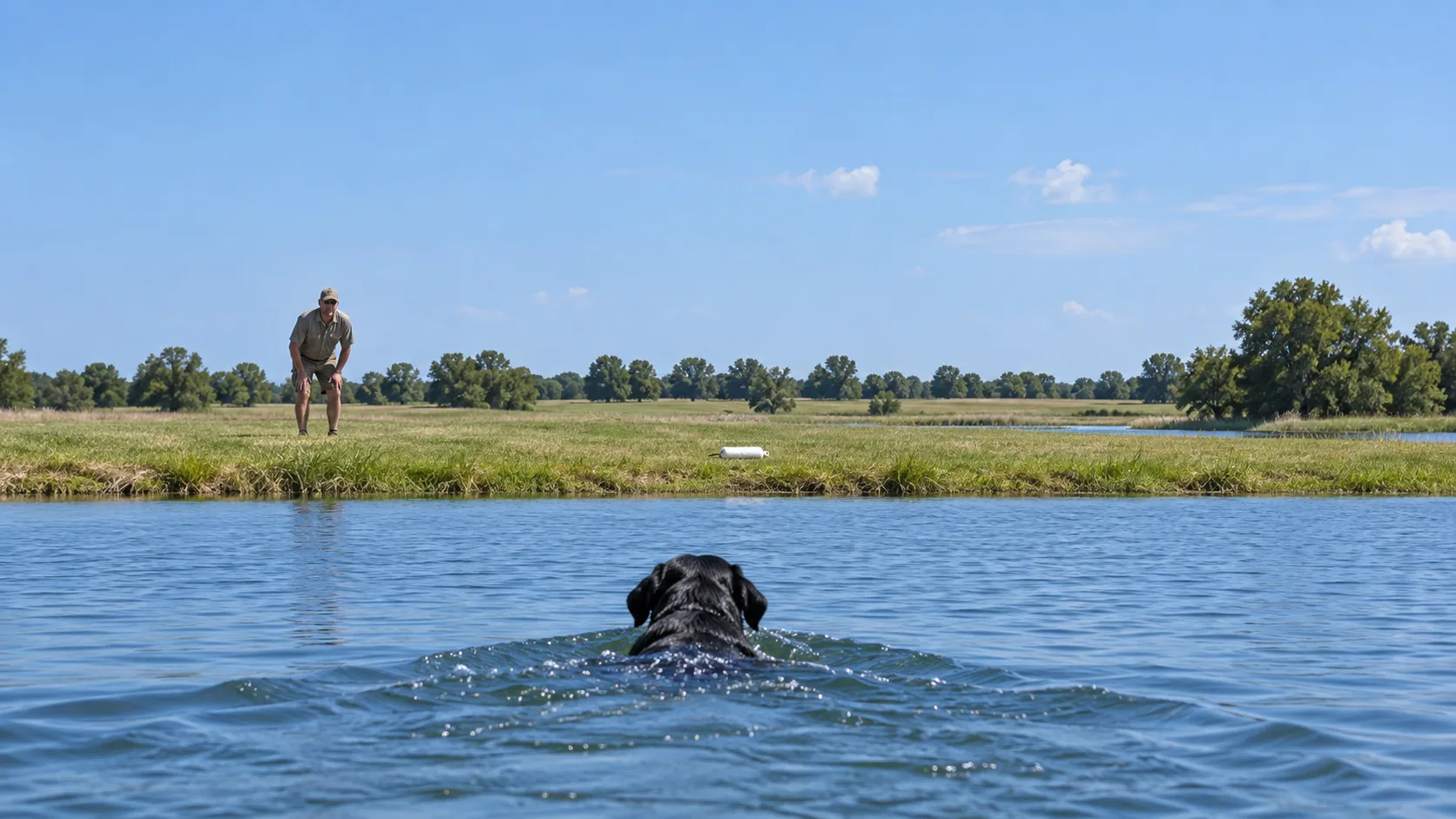 Black Labrador swimming a straight line toward a distant bumper