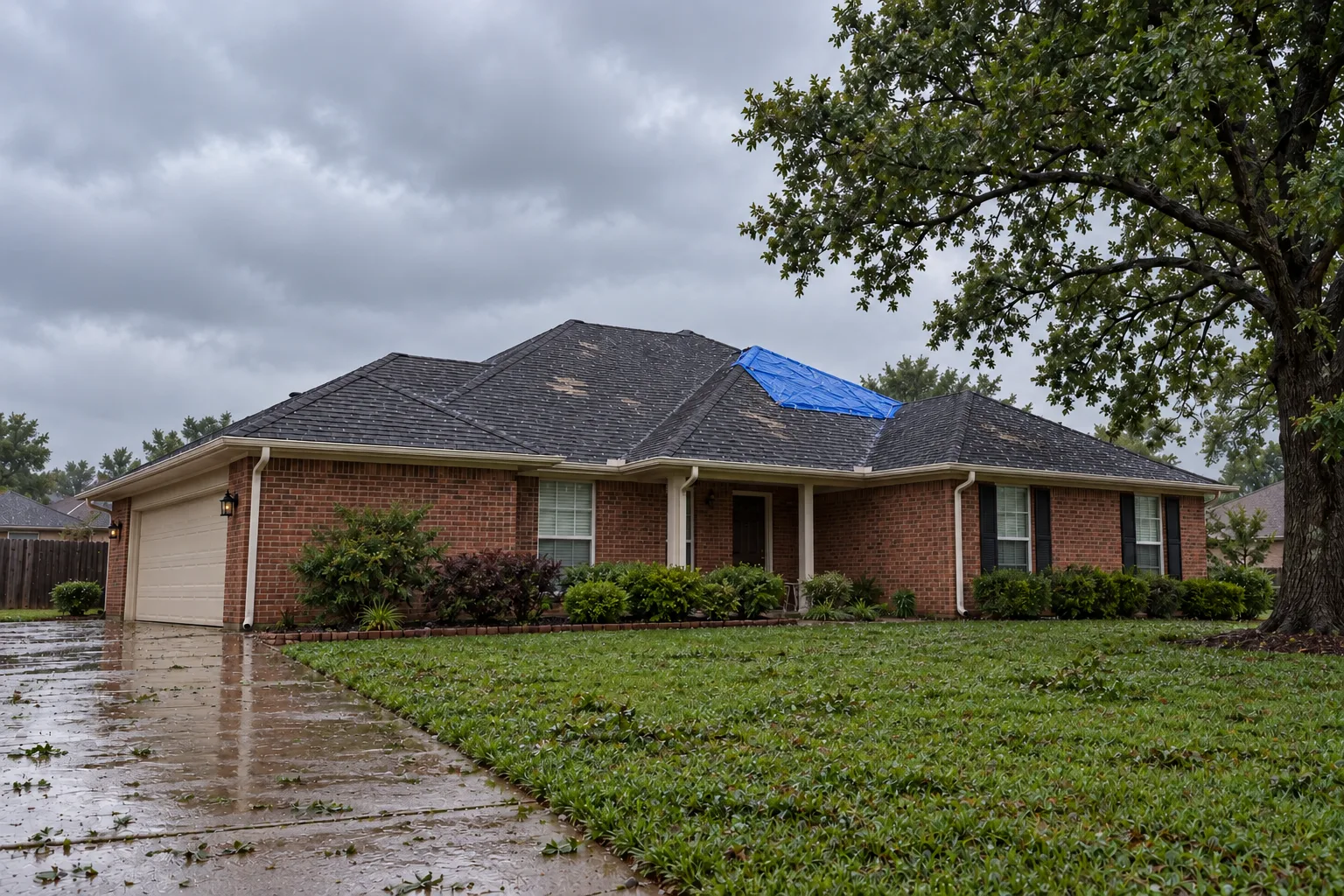 The same house with a secured blue tarp the next morning
