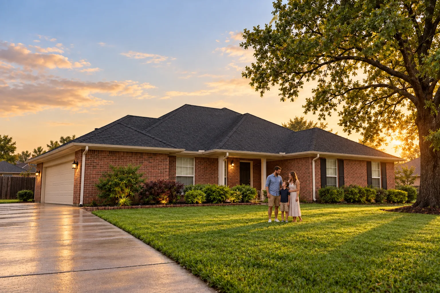 The completed roof at sunset, family safely in the yard