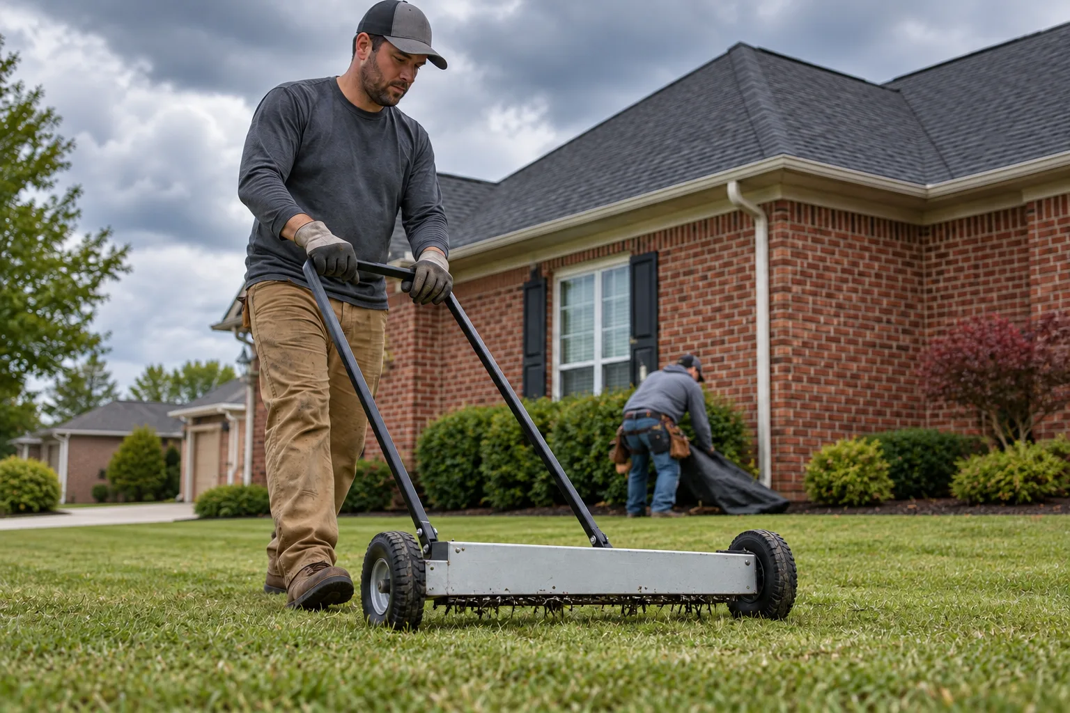 Crew member magnet-sweeping the lawn after roofing
