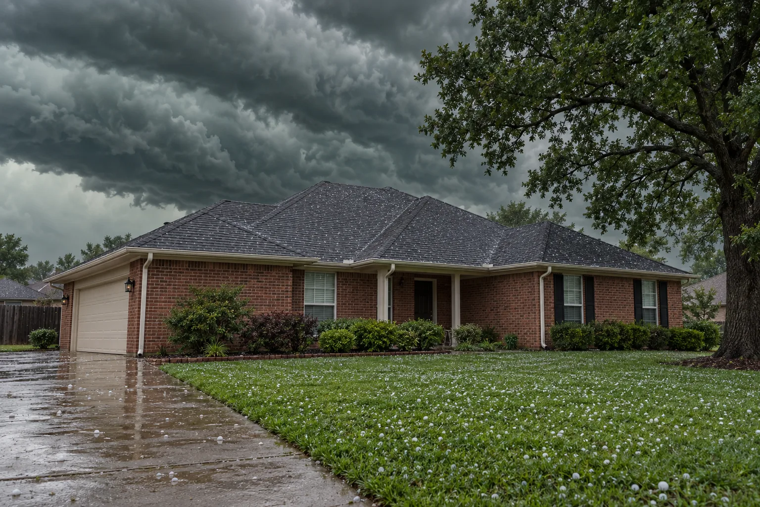 Storm clouds and hail over a red brick Jonesboro home
