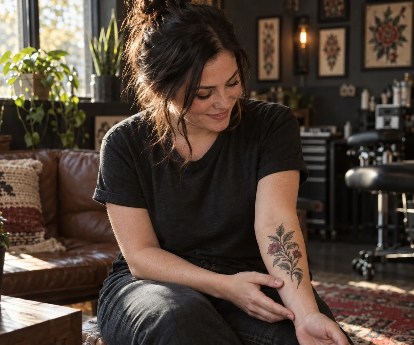 Relaxed first-time client looking at a healed forearm tattoo