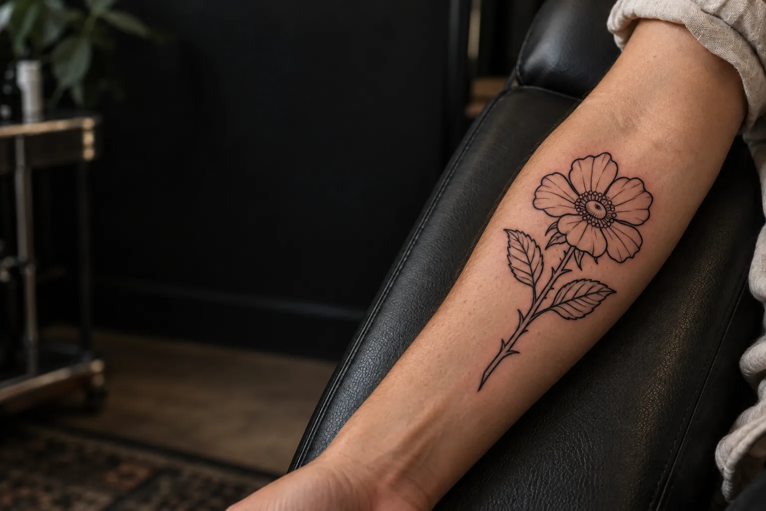 Same rose tattoo at the linework stage