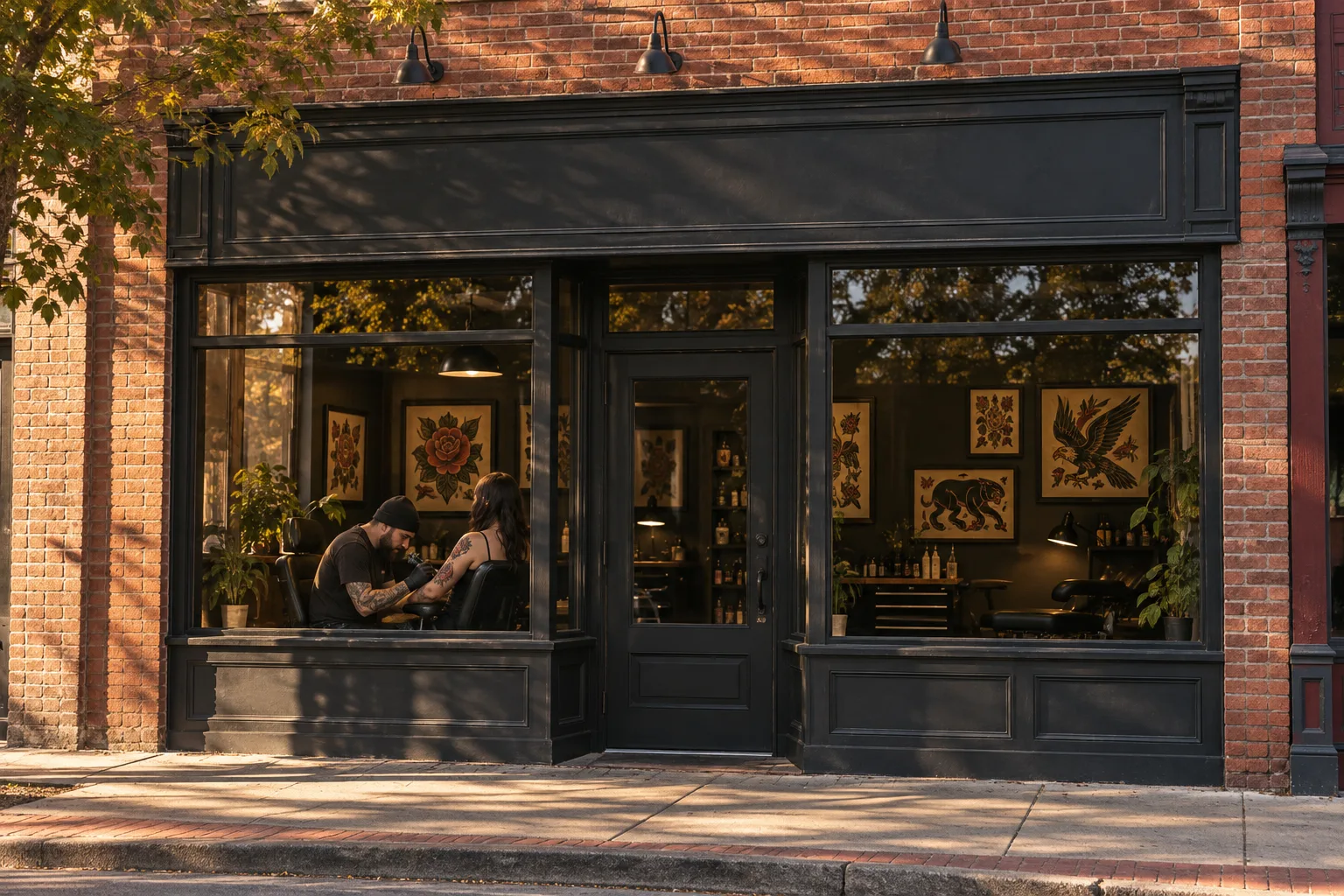 Brick Fayetteville studio entrance with unlettered windows
