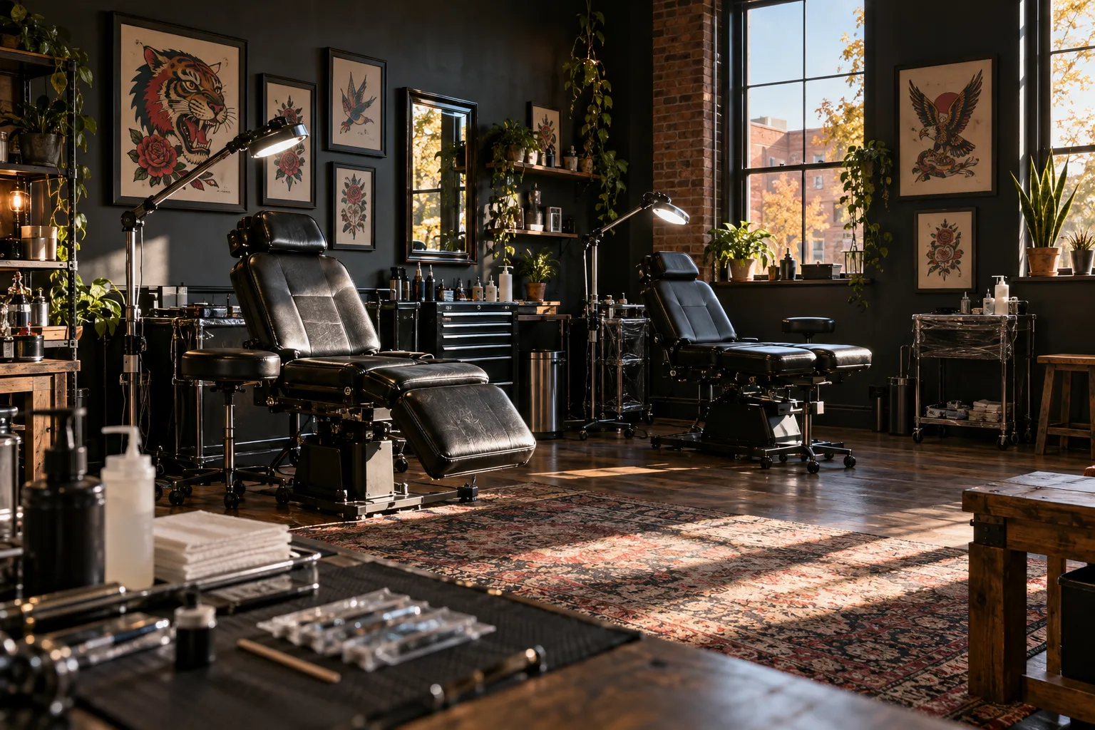 Clean black-walled studio with bright task lamps