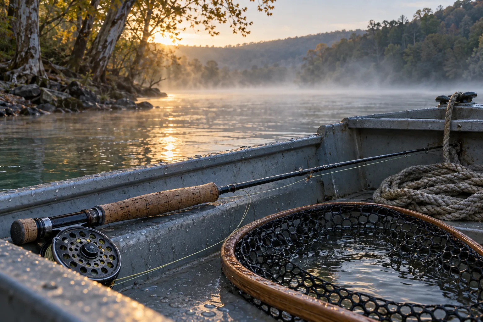 Cork fly rod, landing net and anchor rope inside an aluminum jon boat