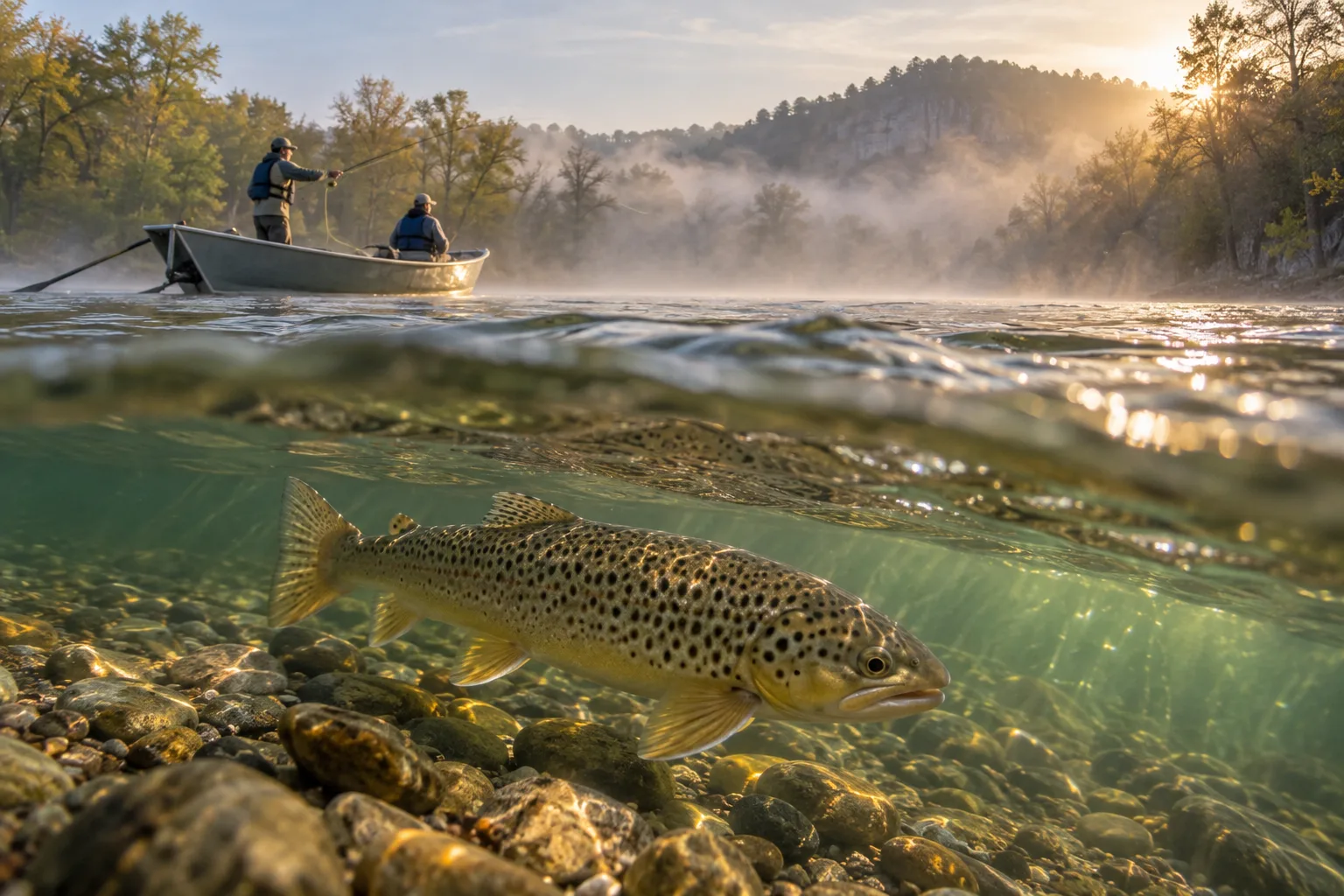 A brown trout swimming over gravel below the clear river surface