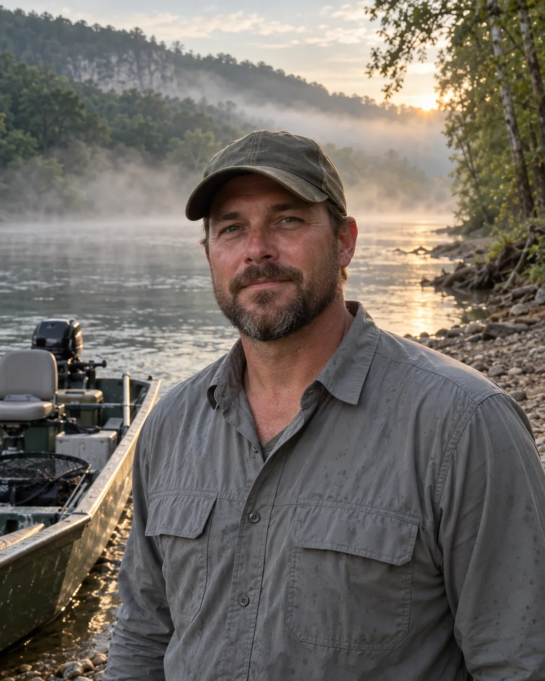 Cody Rasmussen beside a jon boat at the misty riverbank