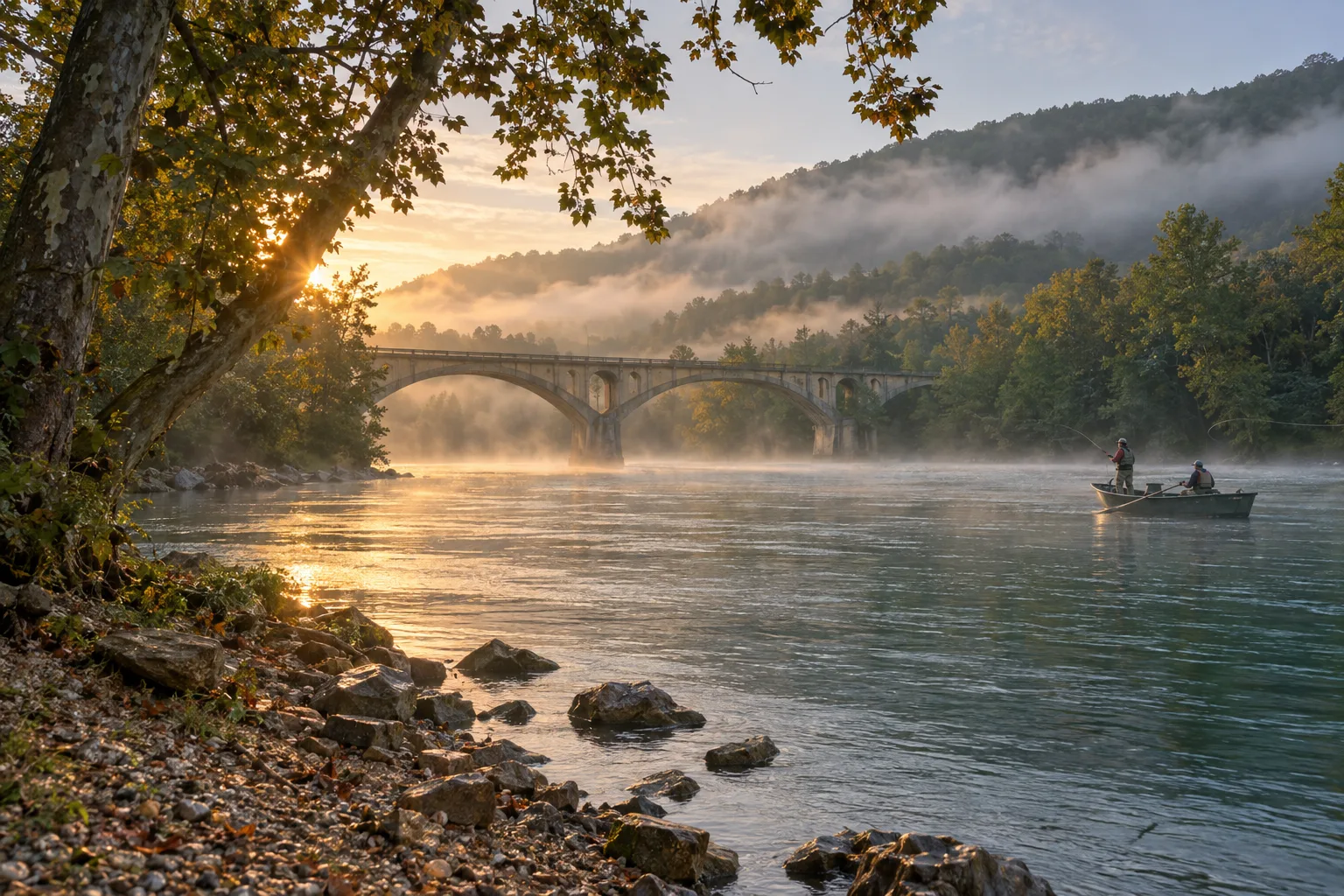 An arched bridge over a misty river near Cotter