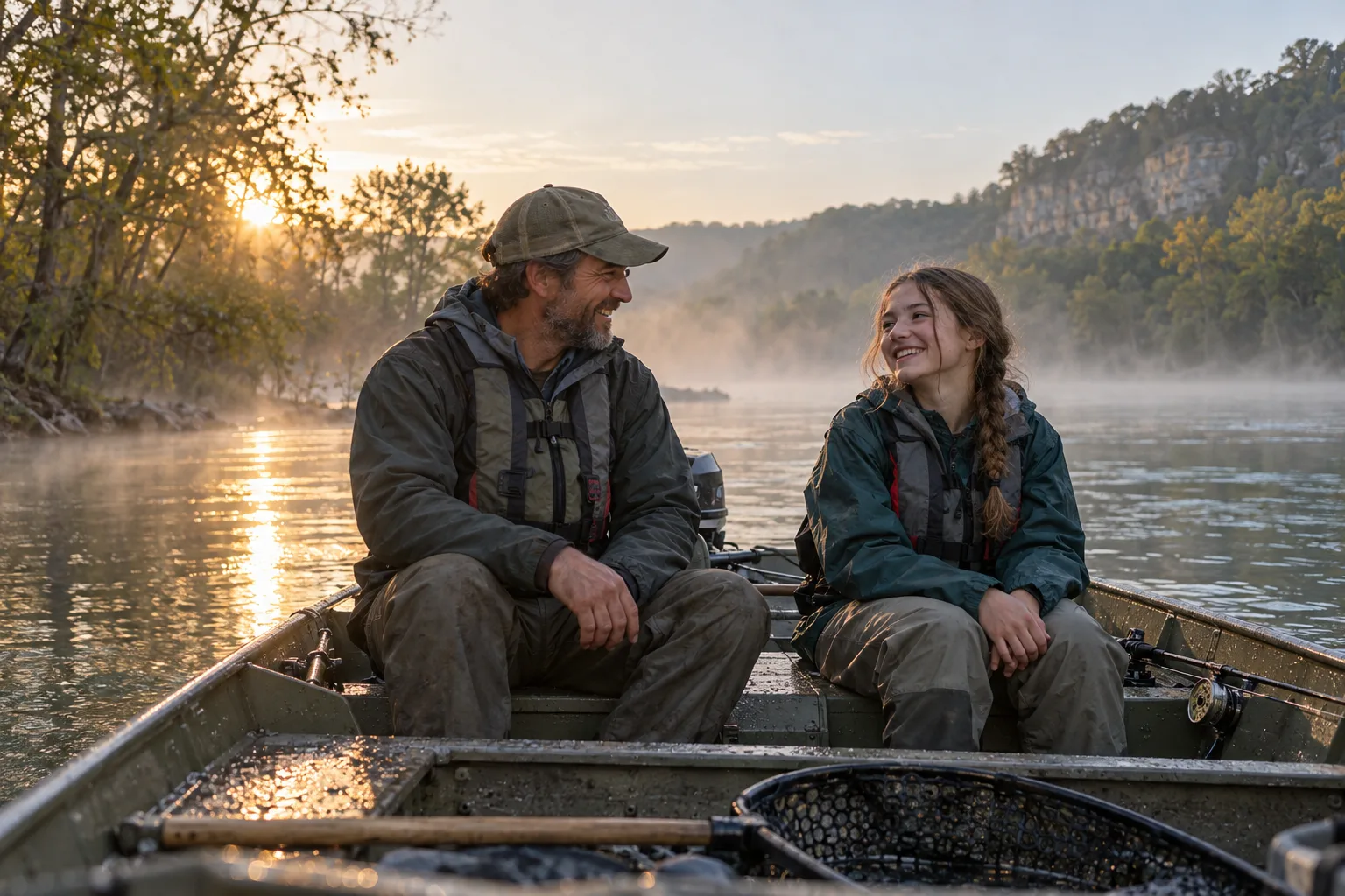 A parent and teenager wearing life jackets in a jon boat
