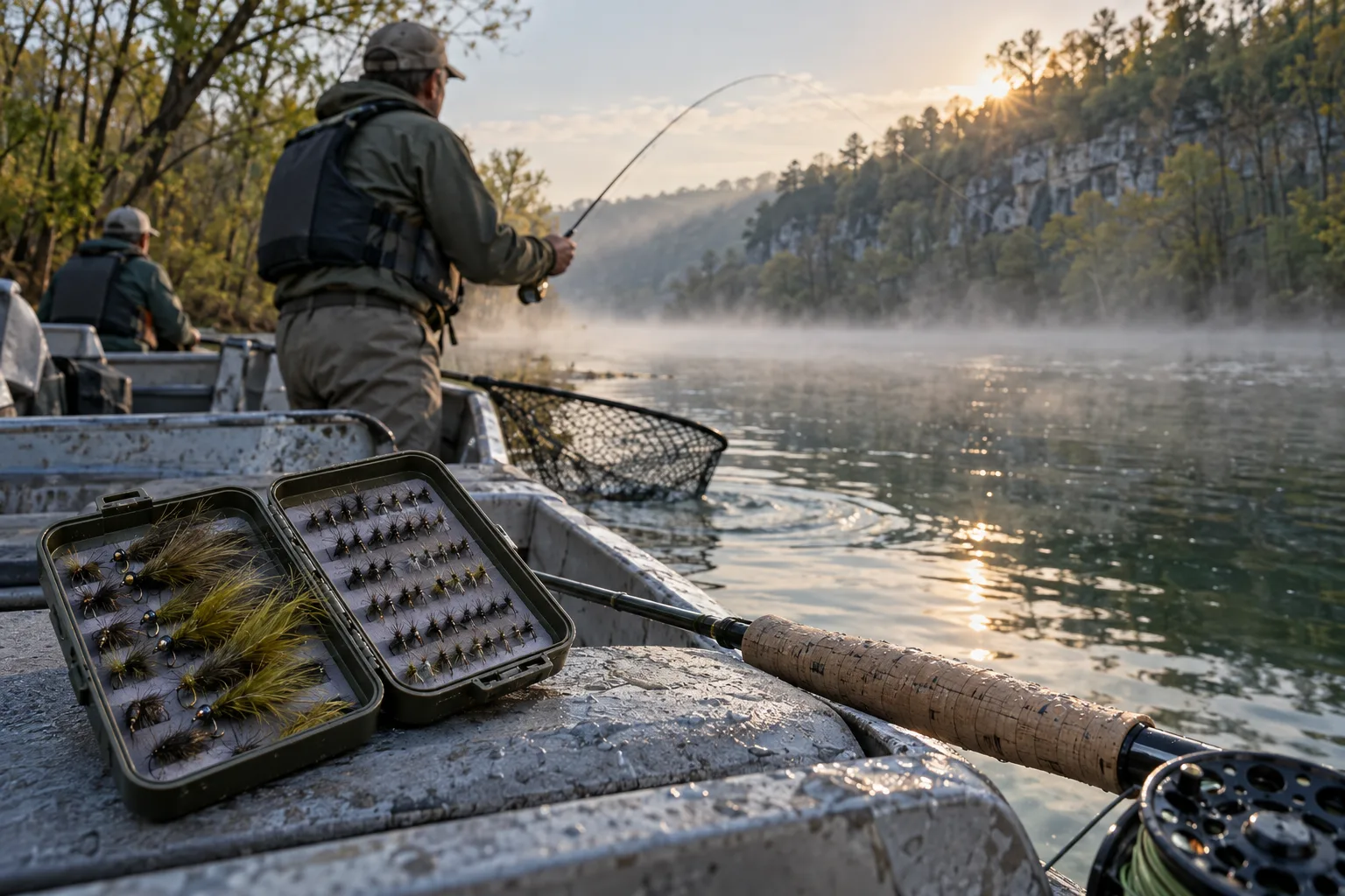 An open fly box and cork rod grip in a jon boat, with an angler beyond