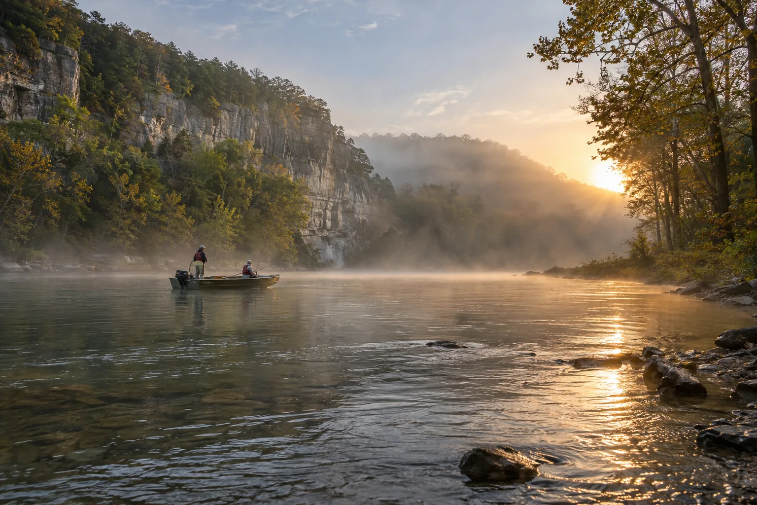 A distant jon boat drifting beneath a limestone bluff in morning mist