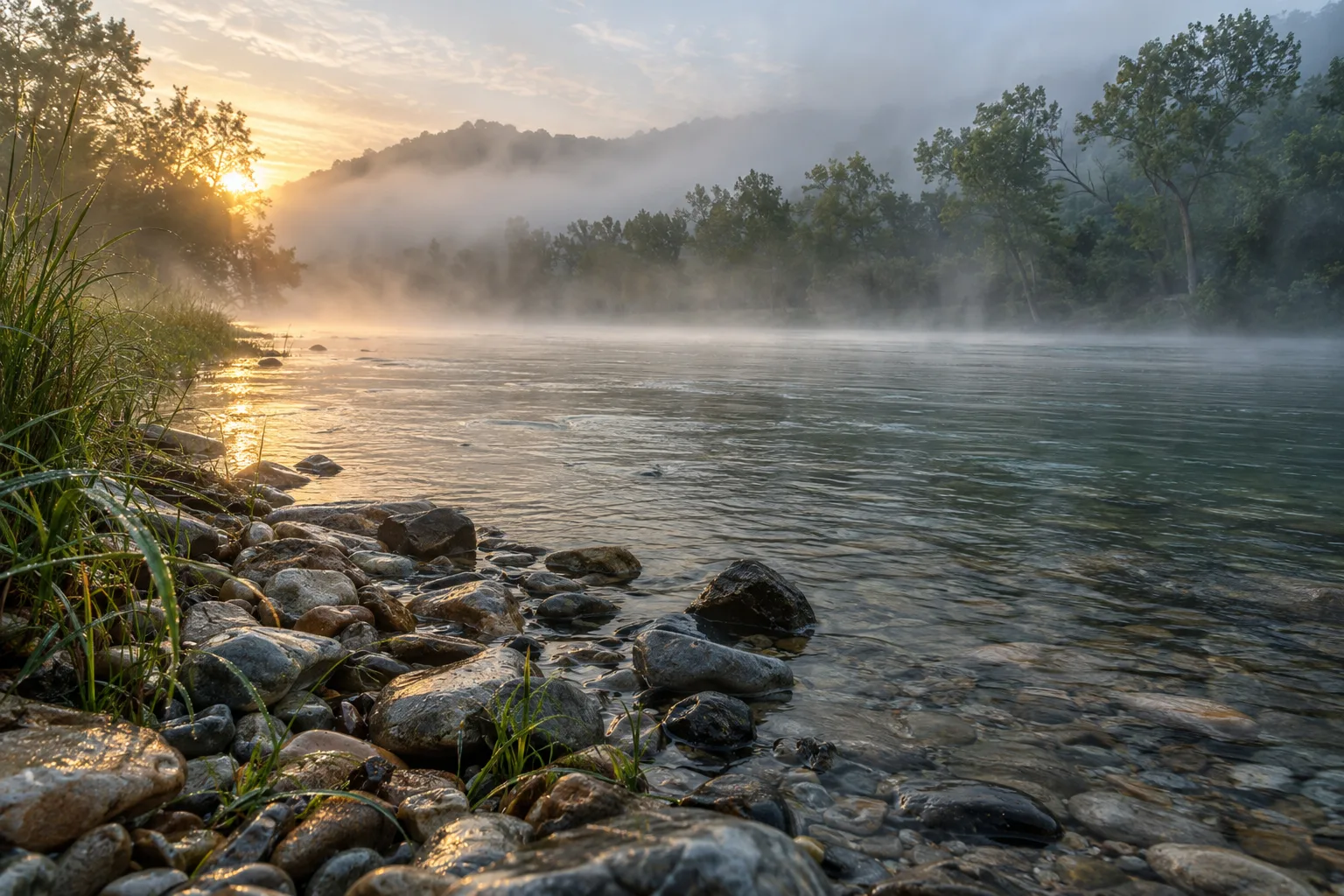 Wet stones and riverbank reeds in front of a misty river