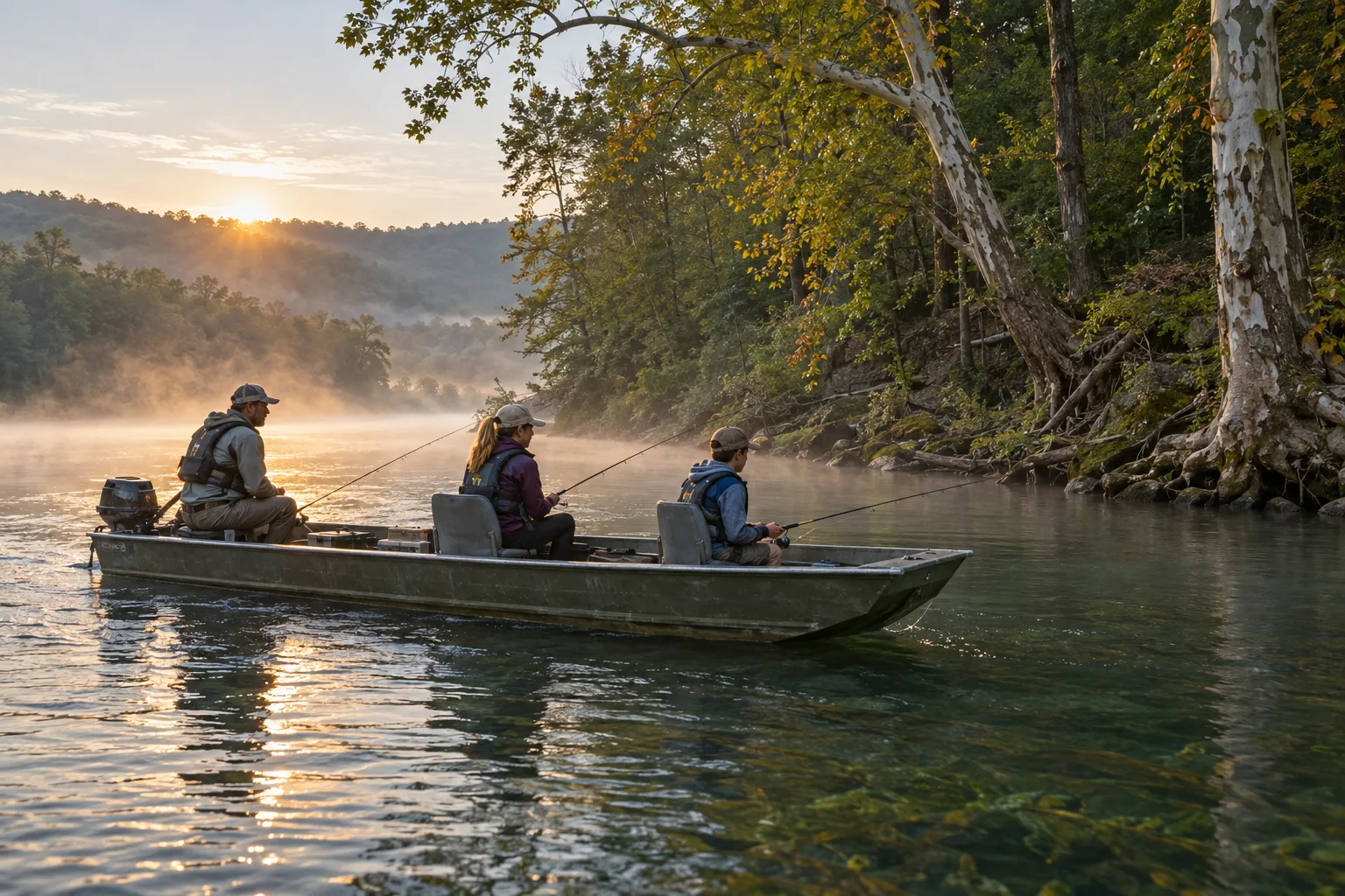 A guide and two passengers in life jackets drifting in an aluminum jon boat