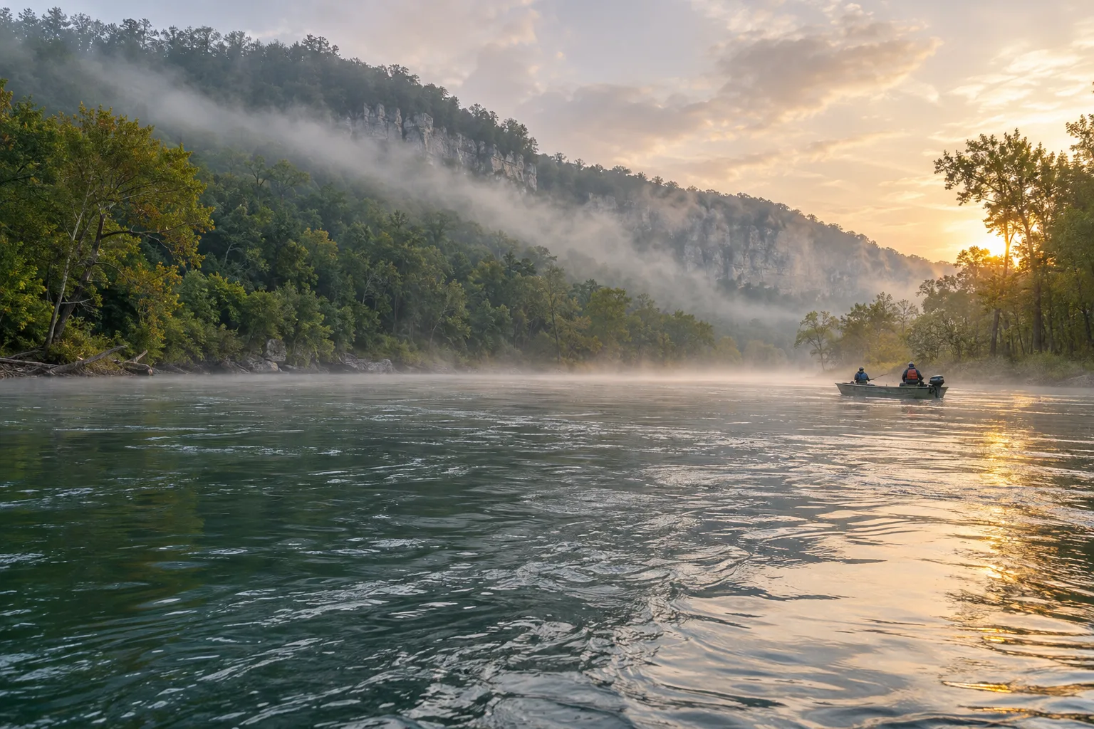 Dawn mist below a wooded White River bluff, with a distant jon boat