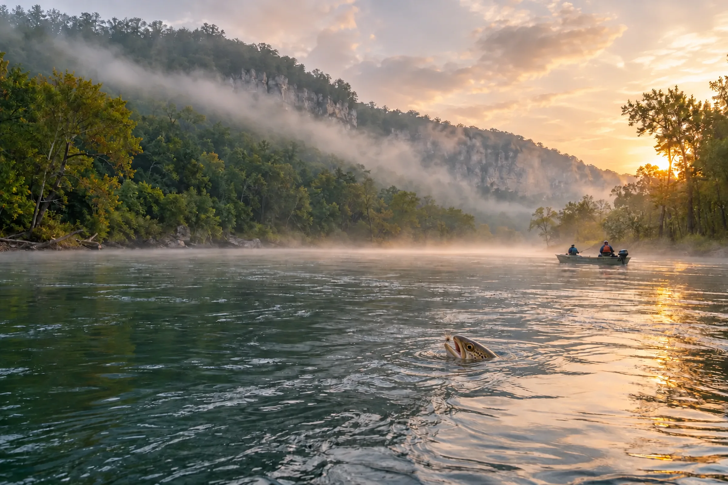 A brown trout feeding at the surface, with the same bluff and jon boat behind it
