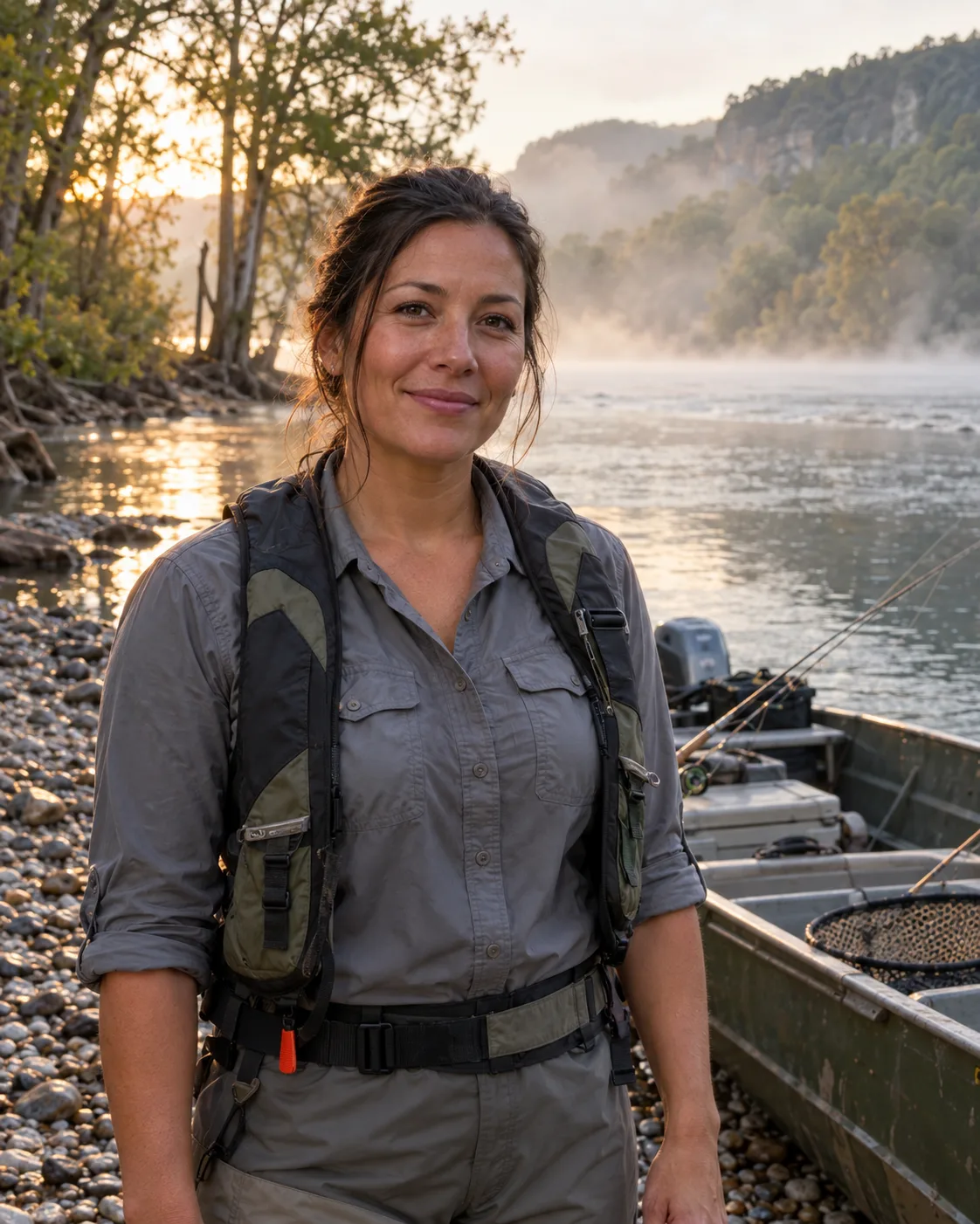 Lena Brooks beside a jon boat at the misty riverbank